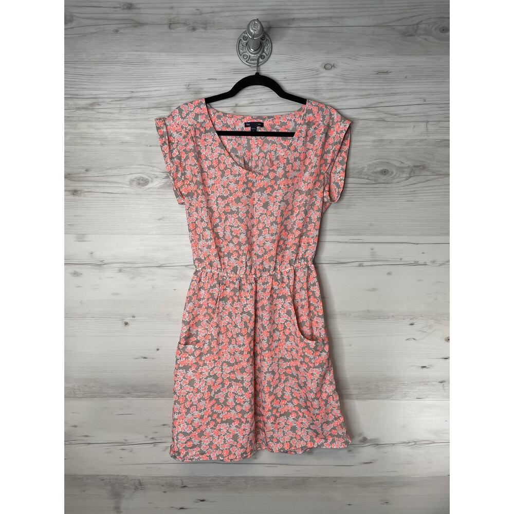 Gap Dress Womens Small Gray‎ Pink Floral Crepe Elastic Waist Pockets Scoop Neck